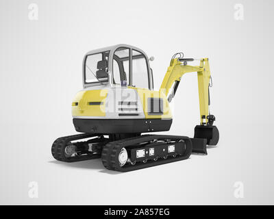 Mini-pelle hydraulique jaune avec mechpatoy sur crawler avec rendu 3D coulée sur fond gris avec ombre Banque D'Images
