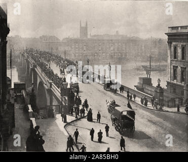 À partir de 'l'album descriptif de Londres' par George H Birch 1896 - Extrait du texte : ' LONDON BRIDGE. Un pont de bois traverse le fleuve vers l'est un peu de la place dans les tous premiers temps. Cela a été placé par une pierre, l'un construit par Peter, de Colechurch, en 1176 et 1209, et fini ce pont est resté stable jusqu'en 1831, lorsqu'il a finalement été retiré sur l'achèvement de l'actuel pont construit par le côté. Cette belle structure, qui enjambe la rivière à cinq arches, a été conçu par Sir John Rennie, et est un modèle de grâce et de simplicité, mais ce n'est l'augmentation énorme de piétons et veh Banque D'Images