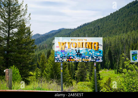 Bienvenue à Wyoming signeront à l'Oklahoma Wyoming state line Banque D'Images