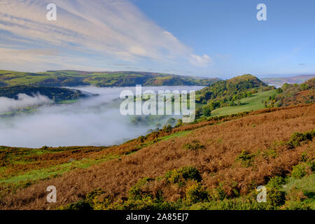 Brume matinale dans la vallée de la Dee regardant vers Castell Dinas Brân Llangollen Denbighshire Wales Banque D'Images