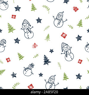 Amusant et mignon hand drawn seamless pattern, mans neige hiver toile à thème - idéal pour les textiles, rétractable, bannières, wallpapers, vector design Banque D'Images