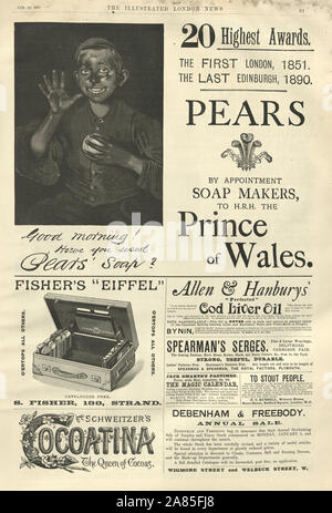 La page des annonces de la London Illustrated News, 1891. Savon Pears Banque D'Images