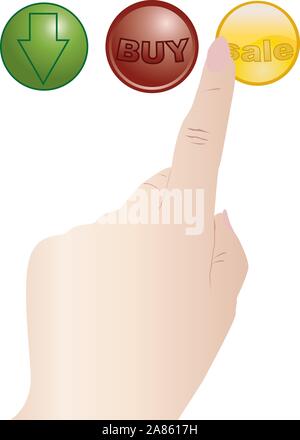 Curseur main est d'appuyer sur le bouton jaune vente Illustration de Vecteur