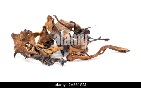 Un handfu de champignons séchés isolé sur fond blanc, mizture de trompettes des morts et les champignons blanches yellow foot Banque D'Images