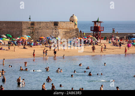 Vue sur l'animation de Playa La Caleta sur une après-midi d'été ensoleillé, Cadix, Andalousie, Espagne, Europe Banque D'Images