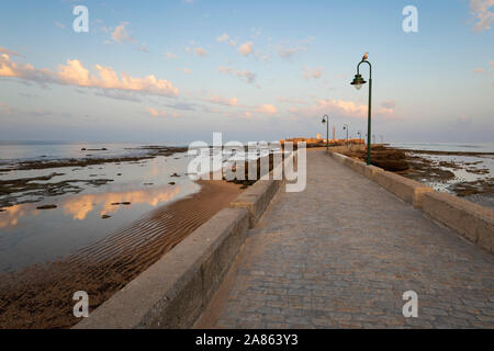 Avenida Fernando Quinones conduisant au Castillo de San Sebastian à marée basse en début de matinée, Cadix, Andalousie, Espagne, Europe Banque D'Images