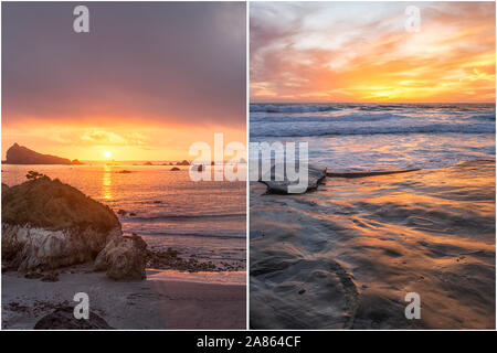 Concept côtières présentées en diptyque format. Sur la gauche se trouve une plage de galets à Crescent City. Sur la droite est le La Jolla, CA coast au coucher du soleil. Banque D'Images