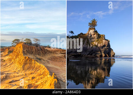 Concept côtières présentées en diptyque format. Sur la gauche est le Torrey Pines State Parc Naturel. Sur la gauche est masqué Beach en Californie du Nord. Banque D'Images