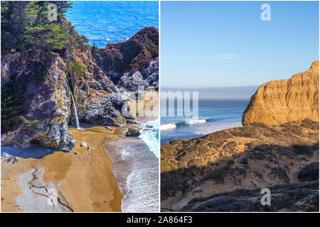 Nature et littoral concept présenté en diptyque format. Sur la gauche est McWay Falls. Sur la droite est Torrey Pines State Parc Naturel. Banque D'Images