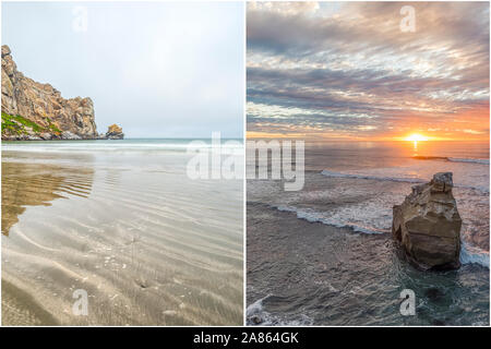 Nature et littoral concept présenté en diptyque format. Sur la gauche est Morro Rock Beach. Sur la droite est Sunset Cliffs Parc Naturel. Banque D'Images