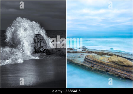 Nature et littoral concept présenté en diptyque format. Sur la gauche est Garrapata State Beach. Sur la droite est le La Jolla, California coast. Banque D'Images