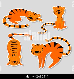 Ensemble d'autocollants avec cute cartoon tigre dans les différentes poses. Télévision vector illustration. Illustration de Vecteur