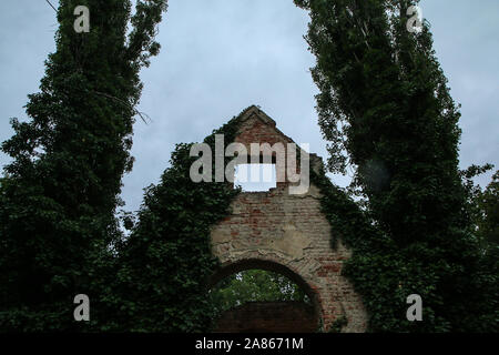 Le détail d'une sombre ruine de l'église un cimetière. Seul l'avant mur de végétation est visible entre deux arbres. Banque D'Images