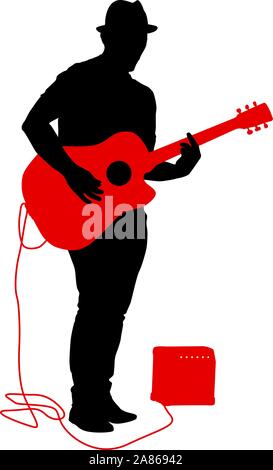 Silhouette musicien joue de la guitare sur un fond blanc. Illustration de Vecteur