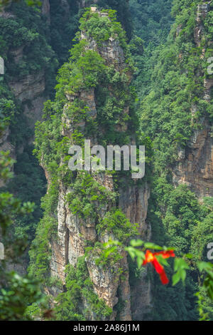 Mémorial de flou artistique du ruban rouge religieux attaché à une branche d'arbre en face de karst vertical pilier rock formation vus de l'enchanteresque t Banque D'Images