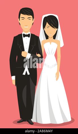 Jeunes mariés chinois vêtements de mariage, avec le marié en costume et mariée en robe blanche vector illustration cartoon. Illustration de Vecteur