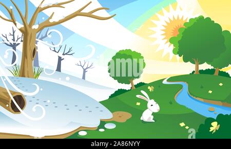 Changement de saison, de l'hiver au printemps. Avec happy bunny dans un champ ensoleillé vert. Vector illustration cartoon. Illustration de Vecteur