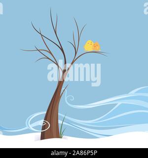 Dans l'amour les oiseaux de se percher dans breezy sur un arbre, hiver winter scene d'un couple d'oiseaux dans une image. Arbre brun avec un peu de brise, deux yel Illustration de Vecteur