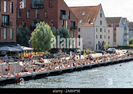 Des gens assis par le port de Copenhague, une natation dans le port ; le Danemark Banque D'Images