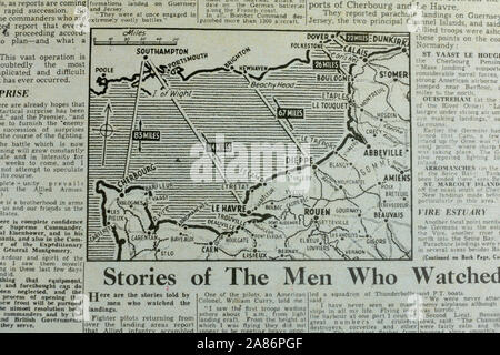 Carte montrant l'ensemble du générique anglais coastine face à la Grande-Bretagne dans le journal Evening Standard (réplique) le 6 juin 1944. Banque D'Images