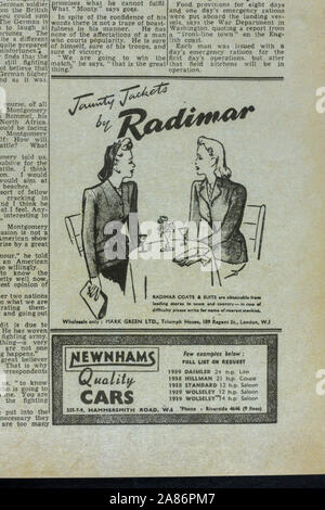 Petites Annonces pour 'Jaunty Jackets' par 'Newnhams Radimar et des voitures de qualité dans l'Evening Standard newspaper (réplique) le 6 juin 1944. Banque D'Images