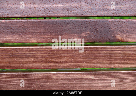 Plancher bois couverts par les gouttes d'eau sur fond d'herbe verte, un temps pluvieux. Les planches de bois brun Banque D'Images