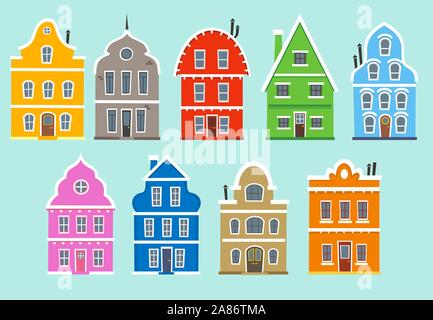 Ensemble de neuf maisons colorées (façades). Appartement Chambre couleur avec dépendance d'Architecture Construction maisons illustration vectorielle. Illustration de Vecteur