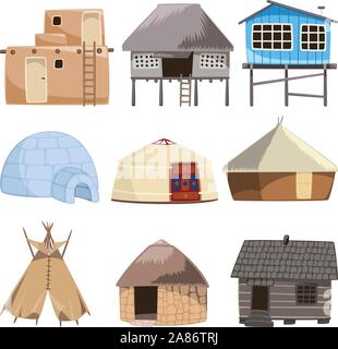 Ensemble de savoirs traditionnels logés. Avec House, Igloo, Hutte, cabane, bidonville, Cabinet, Cottage, chalet, cabane de plage, Gazebo, tente, maison en pierre, maison de plage, paille, Bun Illustration de Vecteur