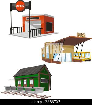 Ensemble de 3 bâtiments publics, dont une station de métro, bus et un train terminal. Illustration de Vecteur