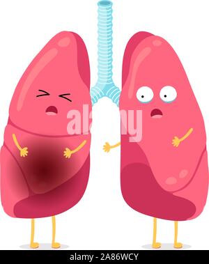 Mignon dessin animé drôle maladie malsaine poumon caractère. Mascotte pulmonaire malade souffrant de pneumonie. Inflammation interne des organes du système respiratoire humain. Anatomie médicale maladie vecteur illusrtation Illustration de Vecteur