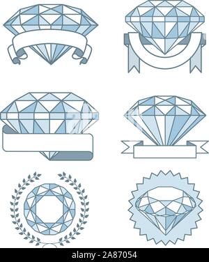 Ensemble de diamants étincelants avec des bannières, des prix avec six diamants différents rochers dans différentes tailles et arrondi par beaucoup de différents types de banner Illustration de Vecteur