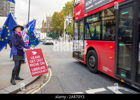 Brexit en dehors de la manifestant Chambres du Parlement, le Palais de Westminster, Londres, Royaume-Uni, avec signe partir, sortir, aller à la démocratie, libérer, Banque D'Images