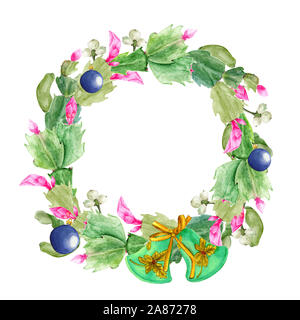 Couronne de Noël avec Zigokaktus Schlumbergera. Aquarelle dessiné à la main) Illustration botanique. Réaliste objet isolé sur fond blanc pour votre Banque D'Images