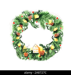 Couronne de l'arbre de Noël d'aquarelle et de la guirlande. Texture peinte à la main avec des éléments naturels de l'aiguille de sapin isolé sur fond blanc Banque D'Images