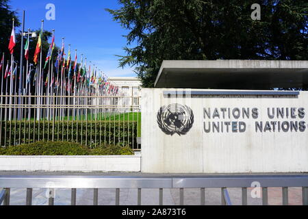 Genève, Suisse - 5 APR 2019- Vue extérieure de l'Office des Nations Unies à Genève (ONUG) situé dans le Palais des Nations Unies à Genève, SWI Banque D'Images