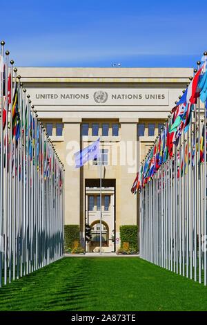 Genève, Suisse - 5 APR 2019- Vue extérieure de l'Office des Nations Unies à Genève (ONUG) situé dans le Palais des Nations Unies à Genève, SWI Banque D'Images
