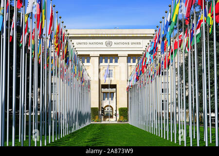 Genève, Suisse - 5 APR 2019- Vue extérieure de l'Office des Nations Unies à Genève (ONUG) situé dans le Palais des Nations Unies à Genève, SWI Banque D'Images
