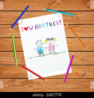 Je t'aime frère enfants hand drawn illustration de garçon et fille tenant la main de l'ordinateur portable sur feuille de papier quadrillé sur table en bois avec crayons de couleur. Banque D'Images