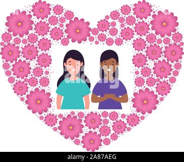 Les femmes dans le cadre de fleurs en forme de coeur Illustration de Vecteur
