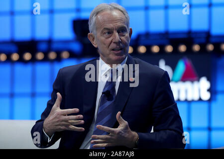 Lisbonne, Portugal. Nov 6, 2019. L'ancien premier ministre de Grande-Bretagne et d'Irlande et Président exécutif de l'Institute for Global Change Tony Blair prend la parole lors du Sommet annuel de la technologie de Web conférence à Lisbonne, Portugal, le 6 novembre 2019. Crédit : Pedro Fiuza/ZUMA/Alamy Fil Live News Banque D'Images