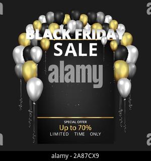 Vente promotion vecteur flyer, creative golden noir et argent brillant glitter, décoration ballons réaliste, coupon de réduction de luxe métallique de l'affiche. Illustration de Vecteur
