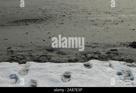 Old Lyme, CT / USA - 3 mars, 2019 : traces de pas dans la neige qui mène dans le sable Banque D'Images