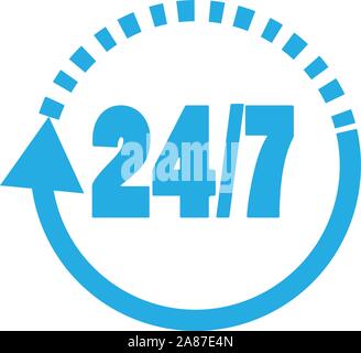 Éléments 24/7. ouvert 24 heures par jour et 7 jours par semaine. L'icône icône plat isolé sur fond blanc. Illustration de Vecteur