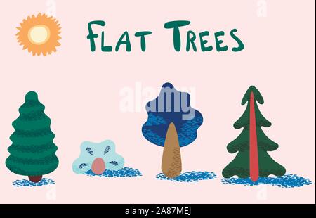 Vector set of cute arbres dessinés à la main, avec soleil. Illustration de style plat Illustration de Vecteur
