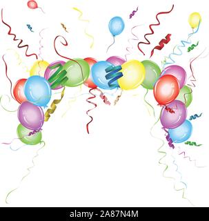 Des tas de ballons colorés et rubans sur fond blanc. Illustration de Vecteur