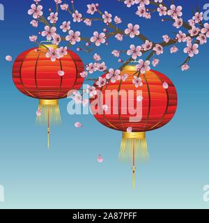 Lanterne chinoise en papier sur une branche de fleurs de Sakura. Illustration de Vecteur