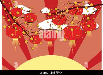 Lanterne chinoise en papier sur une branche de fleurs de Sakura. Illustration de Vecteur