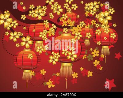 Lanterne chinoise en papier sur une branche de fleurs de Sakura. Illustration de Vecteur