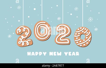 Cartoon gingerbread nouvelle bannière de l'année 2020 carte de vœux avec nombre de faits les cookies. Vector illustration. Illustration de Vecteur