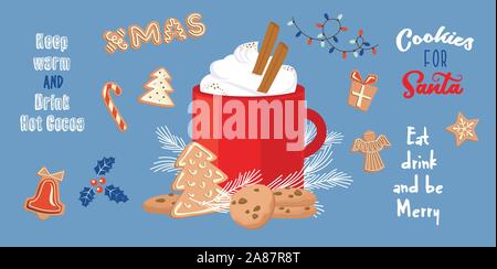 Ensemble de boissons d'hiver, les expressions et les biscuits au gingembre. Ensemble d'hiver pour Noël ou Nouvel An. Illustration de Vecteur